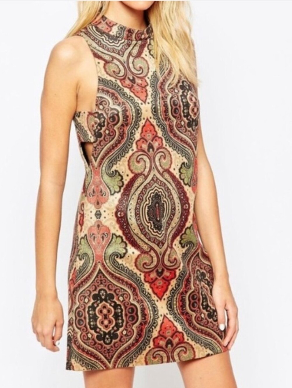 Fashion Union Paisley Retro Paisley Shift Sleveless Faux Suede Mini Dress L F33
